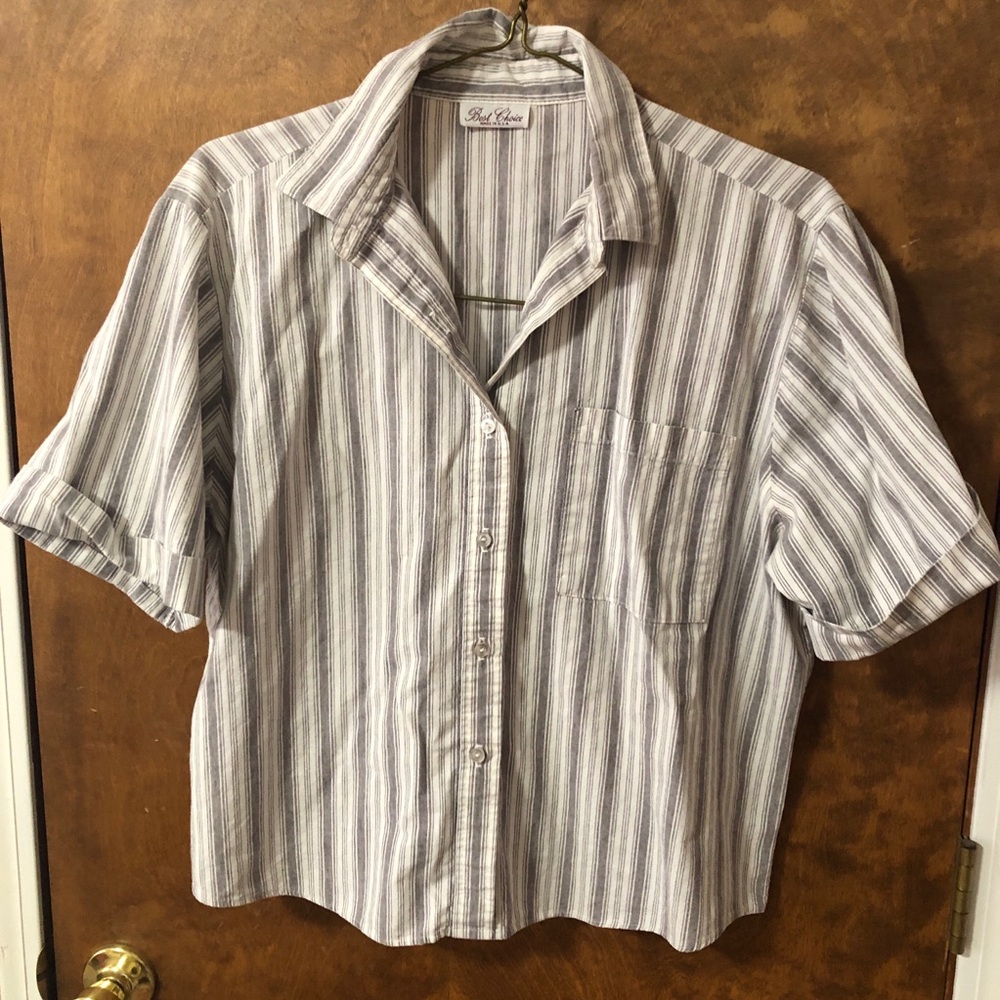 White and Gray Stripe Short Sleeve Button Down Shirt